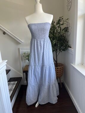 Smocked Strapless Light Blue Maxi Dress with Subtle Dot Print